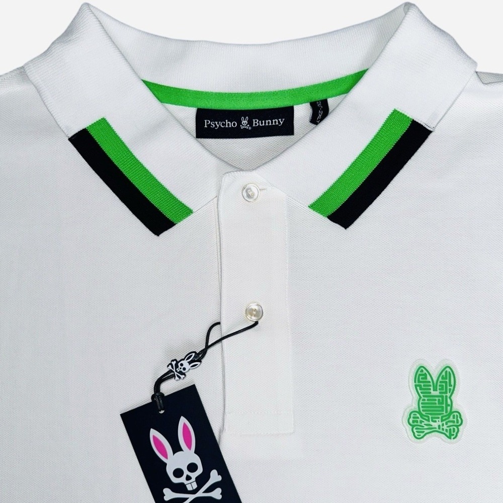 Psycho Bunny Men's White Polo with Green and Black Trim